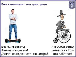 Битва новаторов с консерваторами
Всё оцифровать!
Автоматизировать!
Думать не надо – есть же цифры!
Я в 2000х делал
рекламу на ТВ и
это работает!
 