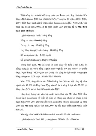 Chuyên đề thực tập
Nguyễn Thùy Dung QTMA- K8
12
Thị trường tài chính tiền tệ trong nước qua 4 năm qua cũng có nhiều biến
động ,đặc biệt năm 2008 lạm phát trên 26 %. Trong khi đó những 2005, 2006,
2007, 2008 được đánh giá là những năm thành công của khối NHTMCP. Với
mục tiêu trong năm 2008,MB đã hoàn thành vượt chỉ tiêu đề ra. Mục tiêu
năm 2008 như sau.
Lợi nhuận trước thuế : 735 tỷ đồng
Tổng tài sản : 45.000 tỷ đồng
Dư nợ cho vay : 15.600 tỷ đồng
Huy động tiền gửi khách hàng : 31.000 tỷ đồng
Số lượng nhân viên : 2.500 người
Số lượng Chi nhánh và PGD : 100 điểm
Trong năm 2008, MB đã hoàn tất việc tăng vốn điều lệ lên 3.400 tỷ
đồng, trong đó có 500 tỷ đồng là phát hành cổ phiếu mới cho các đối tác chiến
lược. Ngân hàng TMCP Quân đội (MB) vừa công bố lợi nhuận riêng ngân
hàng trong năm 2008 vượt 28% chỉ tiêu kế hoạch.
Năm 2008, tổng tài sản của MB đã tăng hơn 50% so với cùng kỳ năm
ngoái, đạt 42.000 tỷ đồng; huy động vốn từ thị trường 1 đạt trên 27.000 tỷ
đồng, tăng 54% so với thời điểm cuối năm 2007.
Cũng theo thông báo trên, lợi nhuận trước thuế của MB năm 2008 nằm
trong tốp 5 ngân hàng cổ phần có mức lợi nhuận cao nhất; lợi nhuận riêng
ngân hàng vượt 28% chỉ tiêu kế hoạch, doanh thu từ hoạt động dịch vụ năm
2008 của MB tăng 82% so với năm 2007; nợ xấu được kiểm soát ở mức thấp
hơn 2%.
Như vậy năm 2008 MB đã hoàn thành mức chỉ tiêu đặt ra như sau:
Lợi nhuận trước thuế: 941 tỷ đồng (vượt 28% chỉ tiêu kế hoạch)
 