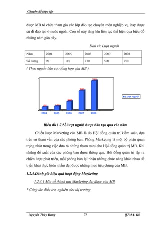 Chuyên đề thực tập
Nguyễn Thùy Dung QTMA- K8
29
được MB tổ chức tham gia các lớp đào tạo chuyên môn nghiệp vụ, hay được
cử đi đào tạo ở nước ngoài. Con số này tăng lên liên tục thể hiện qua biểu đồ
những năm gần đây.
Đơn vị: Lượt người
Năm 2004 2005 2006 2007 2008
Số lượng 90 110 230 500 750
( Theo nguồn báo cáo tổng hợp của MB )
90 110
230
500
750
2004 2005 2006 2007 2008
Lượt người
Biểu đồ 1.7 Số lượt người được đào tạo qua các năm
Chiến lược Marketing của MB là do Hội đồng quản trị kiểm soát, dựa
trên sự tham vấn của các phòng ban. Phòng Marketing là một bộ phận quan
trọng nhất trong việc đưa ra những tham mưu cho Hội đồng quản trị MB. Khi
những đề xuất của các phòng ban được thông qua, Hội đồng quản trị lập ra
chiến lược phát triển, mỗi phòng ban lại nhận những chức năng khác nhau để
triển khai thực hiện nhằm đạt được những mục tiêu chung của MB.
1.2.4.Đánh giá hiệu quả hoạt động Marketing
1.2.3.1 Một số thành tựu Marketing đạt được của MB
* Công tác điều tra, nghiên cứu thị trường
 