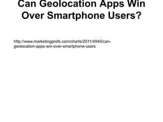 Can Geolocation Apps Win
  Over Smartphone Users?

http://www.marketingprofs.com/charts/2011/4940/can-
geolocation-apps-win-over-smartphone-users
 