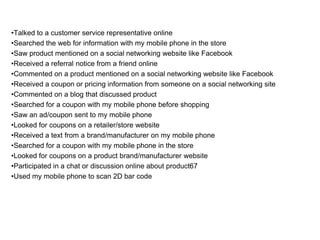 •Talked to a customer service representative online
•Searched the web for information with my mobile phone in the store
•Saw product mentioned on a social networking website like Facebook
•Received a referral notice from a friend online
•Commented on a product mentioned on a social networking website like Facebook
•Received a coupon or pricing information from someone on a social networking site
•Commented on a blog that discussed product
•Searched for a coupon with my mobile phone before shopping
•Saw an ad/coupon sent to my mobile phone
•Looked for coupons on a retailer/store website
•Received a text from a brand/manufacturer on my mobile phone
•Searched for a coupon with my mobile phone in the store
•Looked for coupons on a product brand/manufacturer website
•Participated in a chat or discussion online about product67
•Used my mobile phone to scan 2D bar code
 
