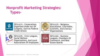 Nonprofit Marketing Strategies:
Types-
501(c)(1) - Corporations
Organized Under Act Of
Congress, Such As Federal
Credit Un...