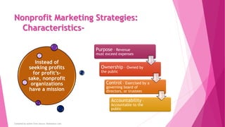 Nonprofit Marketing Strategies:
Characteristics-
Instead of
seeking profits
for profit’s-
sake, nonprofit
organizations
ha...