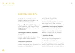 COMPARTILHE ESTE EBOOK!
21
Dentro de seu orçamento geral de
marketing, defina quanto vai dedicar ao
Twitter e informe em sua ação.
O preço do Twitter Ads é definido por meio
de um modelo de leilão, sempre cobrado
por performance. Os tipos de campanha
disponíveis são:
Campanha de cliques ou conversões
em website:
Você só será cobrado pelos cliques no seu
site que ganhou com a campanha.
Campanha de seguidores:
Você só será cobrado pelos seguidores que
conseguiu com a campanha.
DEFINA SEU ORÇAMENTO
Campanha de engajamento:
Você só será cobrado pelos engajamento
que recebeu no seu tweet promovido.
Campanha de instalações de aplicativo
ou de engajamentos com aplicativo:
Você só será cobrado pelos cliques de
abertura e instalação do seu aplicativo.
Campanhas de leads:
Você só será cobrado pelos leads que
conquistou com a campanha.
Pense bem nos seus objetivos e em qual
dessas campanhas se encaixa melhor com
sua empresa antes de começar um anúncio.
 