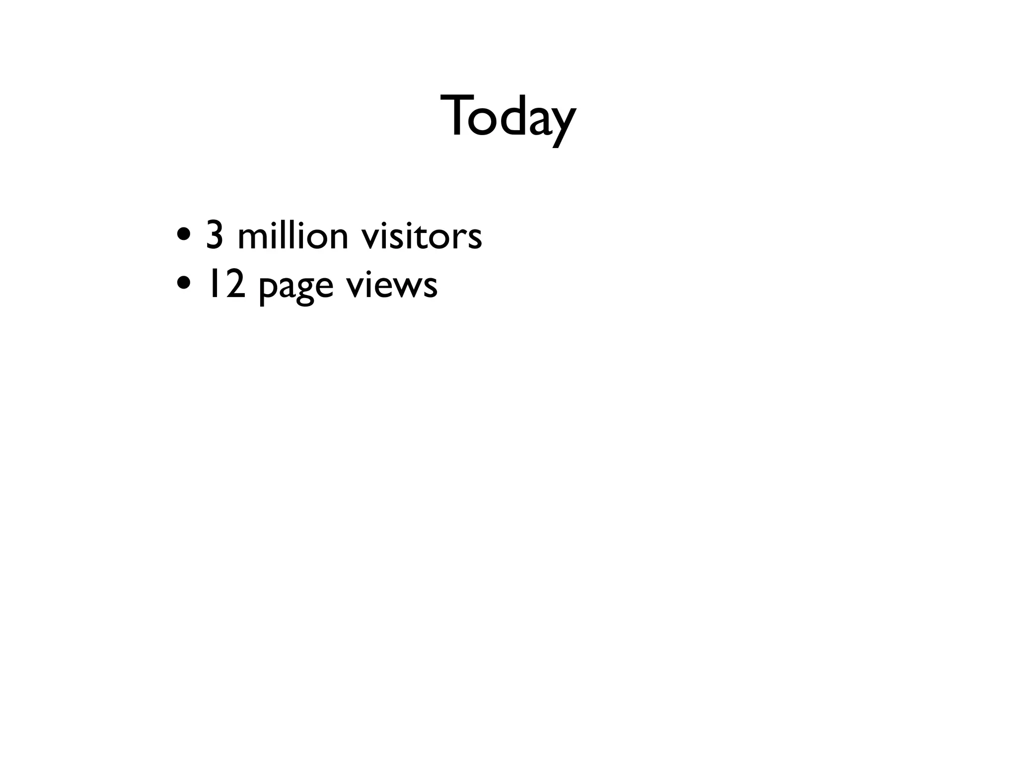 Today
• 3 million visitors a month
• 12 million page views a month
• 150,000 Social Network Connections
 