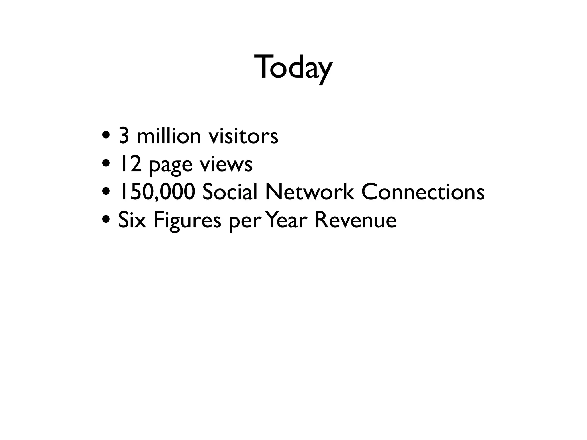 Today
• 3 million visitors a month
• 12 million page views a month
• 150,000 Social Network Connections
• Six Figures per Year Revenue
• 9 Writers (part time)
 