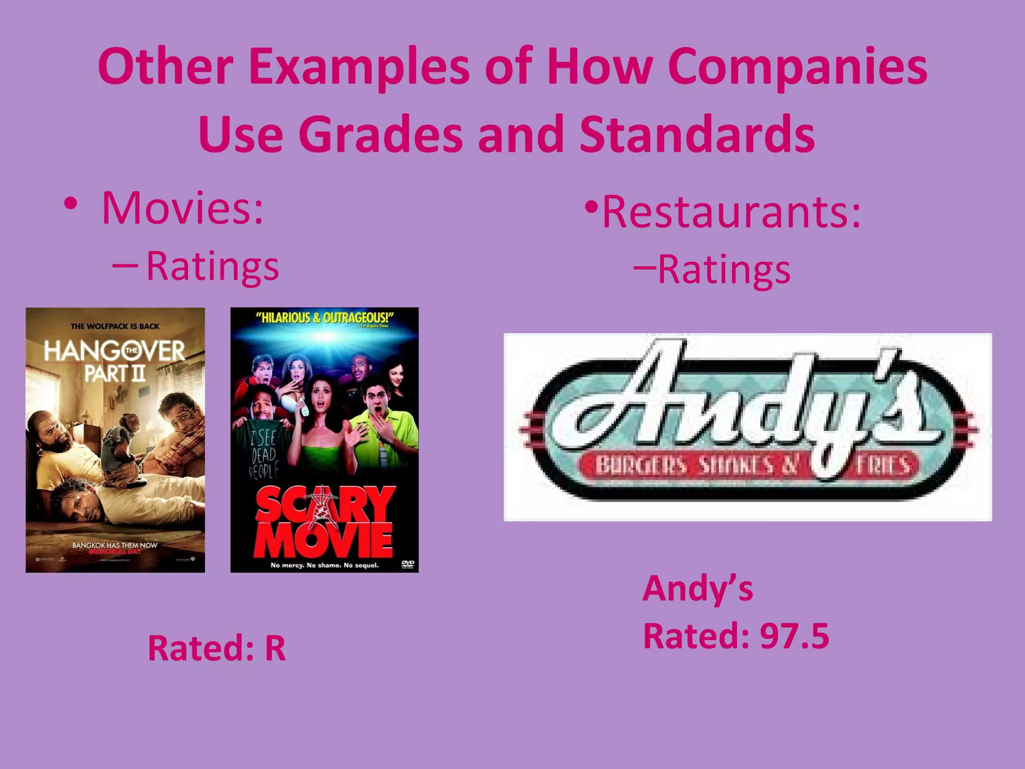 Other Examples of How Companies
    Use Grades and Standards
• Movies:          •Restaurants:
  – Ratings          –Ratings




                     Andy’s
   Rated: R          Rated: 97.5
 