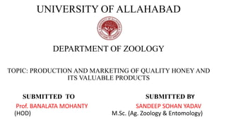 UNIVERSITY OF ALLAHABAD
DEPARTMENT OF ZOOLOGY
TOPIC: PRODUCTION AND MARKETING OF QUALITY HONEY AND
ITS VALUABLE PRODUCTS
SUBMITTED TO SUBMITTED BY
Prof. BANALATA MOHANTY SANDEEP SOHAN YADAV
(HOD) M.Sc. (Ag. Zoology & Entomology)
 