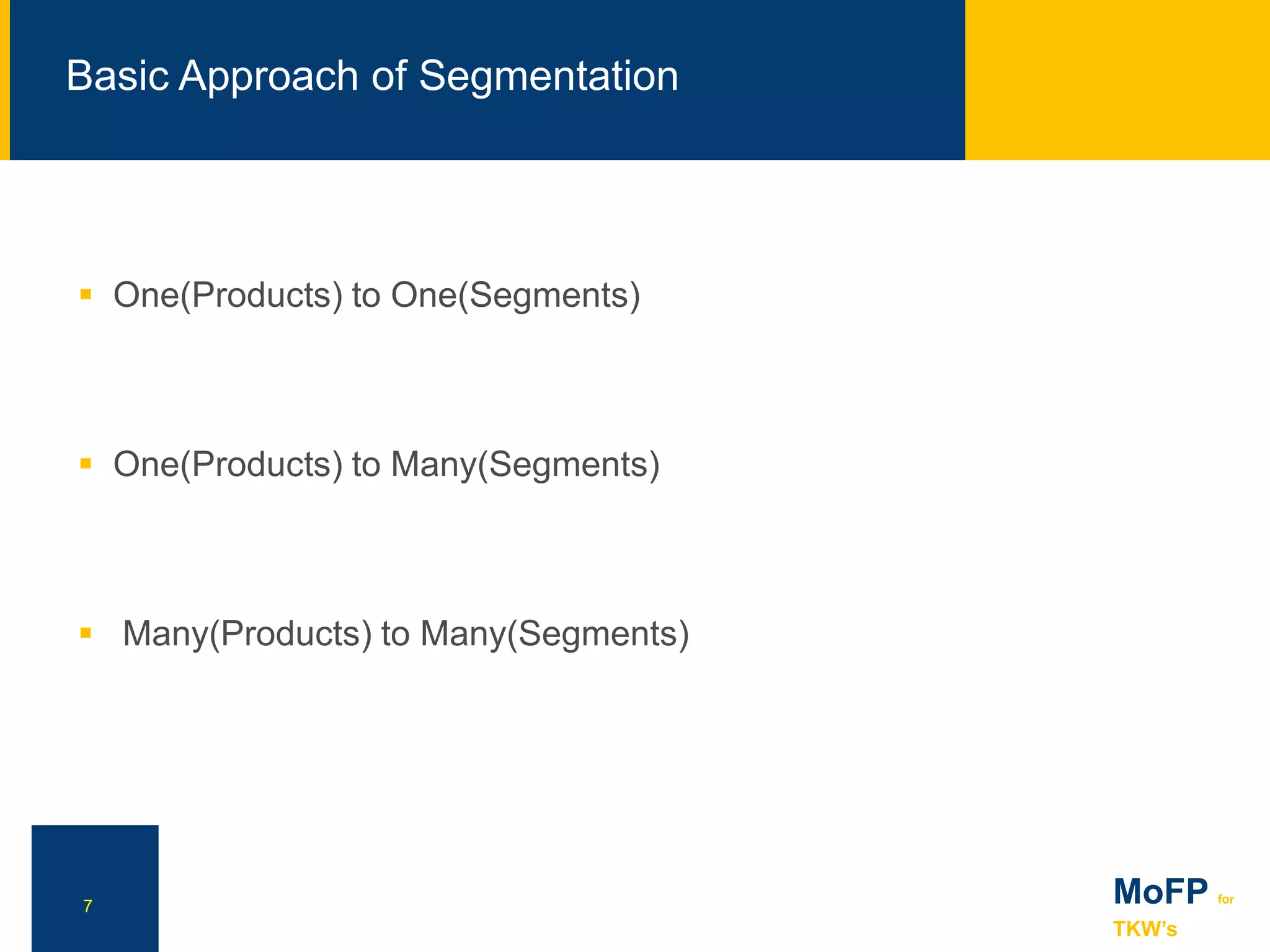 NN
Basic Approach of Segmentation
7
 One(Products) to One(Segments)
 One(Products) to Many(Segments)
 Many(Products) to Many(Segments)
MoFP for
TKW’s
 