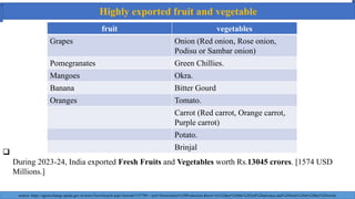 Highly exported fruit and vegetable

During 2023-24, India exported Fresh Fruits and Vegetables worth Rs.13045 crores. [1574 USD
Millions.]
fruit vegetables
Grapes Onion (Red onion, Rose onion,
Podisu or Sambar onion)
Pomegranates Green Chillies.
Mangoes Okra.
Banana Bitter Gourd
Oranges Tomato.
Carrot (Red carrot, Orange carrot,
Purple carrot)
Potato.
Brinjal
source: https://agriexchange.apeda.gov.in/news/NewsSearch.aspx?newsid=53779#:~:text=Horticulture%20Production.&text=As%20per%20the%202nd%20advance,and%20fruits%20in%20the%20world.
 