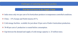  India stores only two per cent of its horticulture products in temperature-controlled conditions.
 China – 15% Europe and North America 85 %.
 Cold storage facilities available for just about 10 per cent of India’s horticulture production.
 30-40 per cent of production is wasted before consumption.
 Gap between the demand and supply of cold storage capacity is 25 million tones.
Challenges of marketing horticulture produce
Post harvest losses in the Supply Chain
 