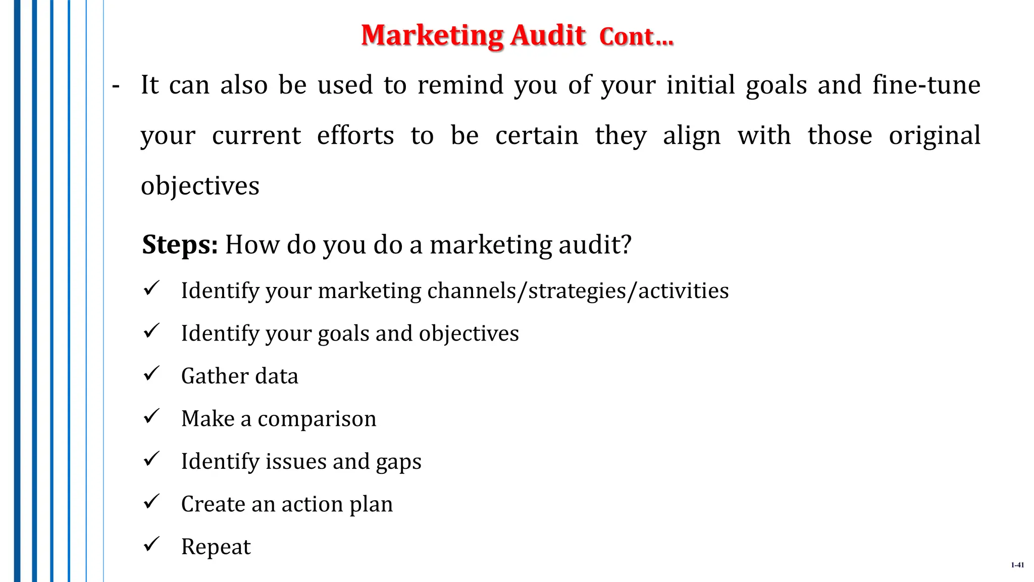 1-41
- It can also be used to remind you of your initial goals and fine-tune
your current efforts to be certain they align with those original
objectives
Steps: How do you do a marketing audit?
 Identify your marketing channels/strategies/activities
 Identify your goals and objectives
 Gather data
 Make a comparison
 Identify issues and gaps
 Create an action plan
 Repeat
Marketing Audit Cont…
 