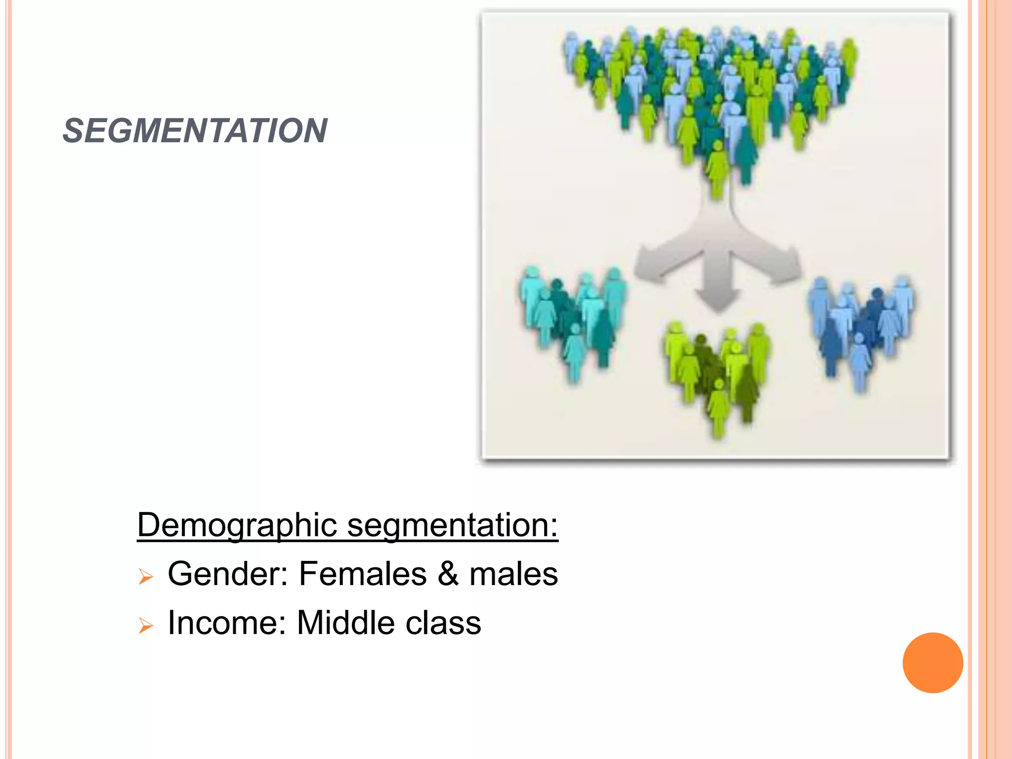 SEGMENTATION
Demographic segmentation:
 Gender: Females & males
 Income: Middle class
 