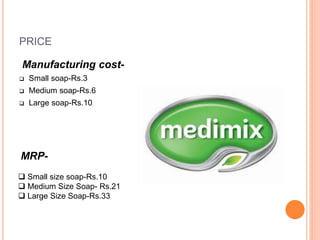 PRICE
Manufacturing cost-
 Small soap-Rs.3
 Medium soap-Rs.6
 Large soap-Rs.10
 Small size soap-Rs.10
 Medium Size Soap- Rs.21
 Large Size Soap-Rs.33
MRP-
 