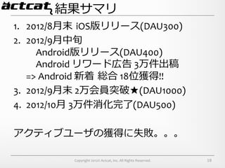 結果サマリ
1.  2012/8⽉月末  iOS版リリース(DAU300)	
  
2.  2012/9⽉月中旬	
  
       	
  Android版リリース(DAU400)	
  
       	
  Android	
  リワー...