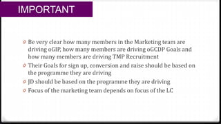 0 Be very clear how many members in the Marketing team are
driving oGIP, how many members are driving oGCDP Goals and
how many members are driving TMP Recruitment
0 Their Goals for sign up, conversion and raise should be based on
the programme they are driving
0 JD should be based on the programme they are driving
0 Focus of the marketing team depends on focus of the LC
IMPORTANT
 