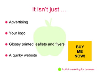 It isn’t just …
Advertising

Your logo

Glossy printed leaflets and flyers
                                           BUY
                                            ME
A quirky website                           NOW!


                                fruitful marketing for business
 