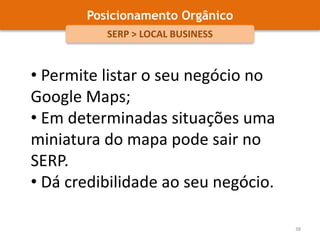 Posicionamento OrgânicoGoogle Page RankingO TEU SITEPR(T1) = 5PR(T2) = 9PR(A)1 LINK PARA O TEU SITE1 LINK PARA O TEU SITEd=0,53 LINKS PARA OUTROS SITESC(T1) = 33 LINKS PARA OUTROS SITESC(T2) = 3PR(A) = (1-d) + d (PR(T1)/C(T1) + ... + PR(Tn)/C(Tn))PR(A) = (1-0,5) + 0,5 (5/3) + 0,5 (9/3) = 2,83 = 328