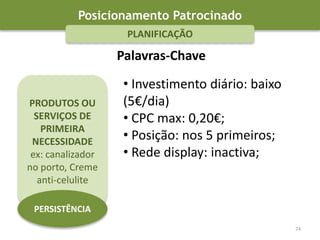Posicionamento OrgânicoDENSIDADE DE PALAVRAS-CHAVEA percentagem de vezes que uma palavra ou frase se repete num site. É um dos principais factores para um site sair nos primeiros lugares nos resultados dos motores de pesquisa (SERP).http://www.seomastering.com/keyword-density-analyzer.phpRepetir muitas vezes no conteúdo da sua página as palavras que melhor definem o assunto tratado.45