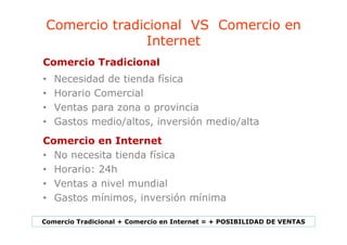 Comercio tradicional VS Comercio en
               Internet
Comercio Tradicional
•   Necesidad de tienda física
•   Horario Comercial
•   Ventas para zona o provincia
•   Gastos medio/altos inversión medio/alta
           medio/altos,
Comercio en Internet
• No necesita tienda física
• Horario: 24h
• Ventas a nivel mundial
• Gastos mínimos, inversión mínima

Comercio Tradicional + Comercio en Internet = + POSIBILIDAD DE VENTAS
 