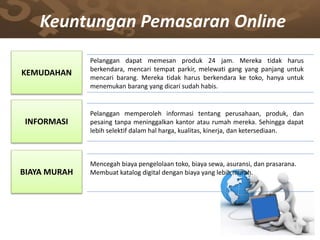 Keuntungan Pemasaran Online
KEMUDAHAN
Pelanggan dapat memesan produk 24 jam. Mereka tidak harus
berkendara, mencari tempat parkir, melewati gang yang panjang untuk
mencari barang. Mereka tidak harus berkendara ke toko, hanya untuk
menemukan barang yang dicari sudah habis.
INFORMASI
Pelanggan memperoleh informasi tentang perusahaan, produk, dan
pesaing tanpa meninggalkan kantor atau rumah mereka. Sehingga dapat
lebih selektif dalam hal harga, kualitas, kinerja, dan ketersediaan.
BIAYA MURAH
Mencegah biaya pengelolaan toko, biaya sewa, asuransi, dan prasarana.
Membuat katalog digital dengan biaya yang lebih murah.
 