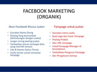 `
FACEBOOK MARKETING
(ORGANIK)
Akun Facebook Khusus Jualan
 Gunakan Nama Orang
 Posting Yang bermanfaat
(berhubungan dengan usaha)
 Jangan sering posting jualan
 Tambahkan teman tertarget (kita
yang memilih teman)
 Like & Komen Status Teman
 Invite teman untuk menyukai
fanspage
Fanspage untuk jualan
 Gunakan nama usaha
 Buat Logo dan Cover Fanspage
 Posting Produk
 Atur URL Fanspage
 Install Fanspage Manager di
Smartphone
 Tambahkan Pengurus Fanspage
 Dan Pengaturan lainnya
 