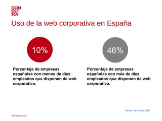 Fuente: INE, enero 2008 Porcentaje de empresas españolas con menos de diez empleados que disponen de web corporativa. Porcentaje de empresas españolas con m ás  de diez empleados que disponen de web corporativa. 10% 46% Uso de la web corporativa en España 
