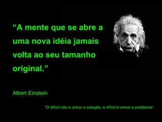“A mente que se abre a
uma nova idéia jamais
volta ao seu tamanho
original.”

Albert Einstein

             “O difícil não é achar a solução, o difícil é armar o problema”.
 
