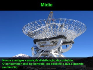 Mídia




Novos e antigos canais de distribuição de conteúdo.
O consumidor está no controle: ele escolhe o que e quando
(audiência)
 
