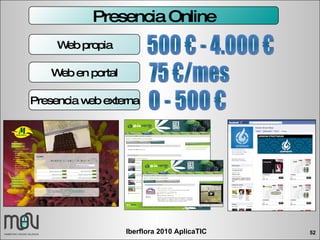 Presencia Online Web propia Web en portal Presencia web externa 0 - 500 € 75 €/mes 500 € - 4.000 € 