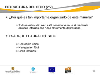 ESTRUCTURA DEL SITIO (2/2) ¿Por qué es tan importante organizarlo de esta manera? Todo nuestro sitio web está conectado entre sí mediante enlaces internos con rutas claramente delimitadas. La ARQUITECTURA DEL SITIO Contenido único Navegación fácil Links internos 