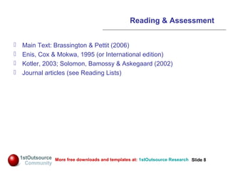 Slide: 8
Slide 8More free downloads and templates at: 1stOutsource Research
Reading & Assessment
 Main Text: Brassington ...