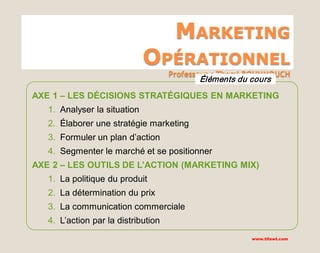 www.tifawt.com

MARKETING

OPÉRATIONNEL

Professeur : Thami BOUHMOUCH

Éléments du cours

AXE 1 – LES DÉCISIONS STRATÉGIQUES EN MARKETING
1. Analyser la situation
2. Élaborer une stratégie marketing
3. Formuler un plan d’action
4. Segmenter le marché et se positionner
AXE 2 – LES OUTILS DE L’ACTION (MARKETING MIX)
1. La politique du produit
2. La détermination du prix
3. La communication commerciale
4. L’action par la distribution
www.tifawt.com

 