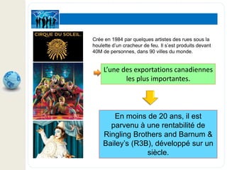 Crée en 1984 par quelques artistes des rues sous la
houlette d’un cracheur de feu. Il s’est produits devant
40M de personnes, dans 90 villes du monde.
L’une des exportations canadiennes
les plus importantes.
En moins de 20 ans, il est
parvenu à une rentabilité de
Ringling Brothers and Barnum &
Bailey’s (R3B), développé sur un
siècle.
 