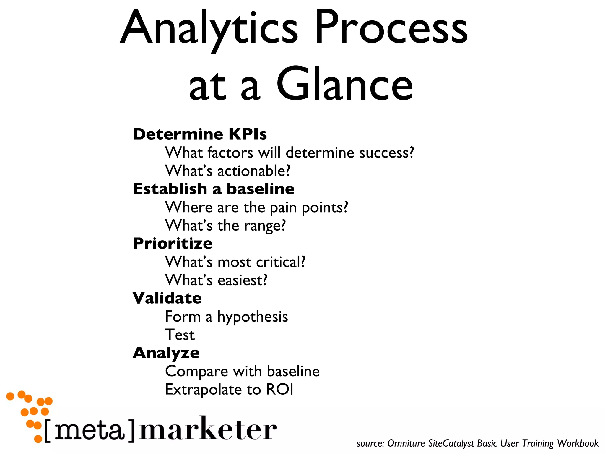 Analytics Process  at a Glance Determine KPIs What factors will determine success?  What’s actionable? Establish a baseline Where are the pain points? What’s the range? Prioritize What’s most critical? What’s easiest? Validate Form a hypothesis Test Analyze Compare with baseline Extrapolate to ROI source: Omniture SiteCatalyst Basic User Training Workbook 