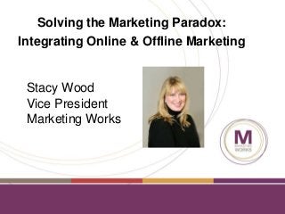 Solving the Marketing Paradox:
Integrating Online & Offline Marketing

Stacy Wood
Vice President
Marketing Works

 