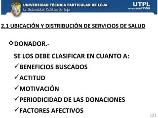 DONADOR.- SE LOS DEBE CLASIFICAR EN CUANTO A: BENEFICIOS BUSCADOS ACTITUD MOTIVACIÓN PERIODICIDAD DE LAS DONACIONES FACTORES AFECTIVOS 2.1 UBICACIÓN Y DISTRIBUCIÓN DE SERVICIOS DE SALUD 