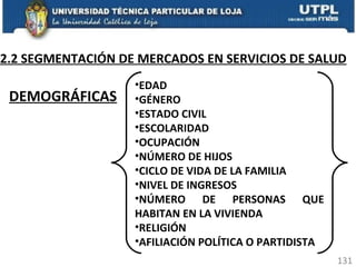 2.2 SEGMENTACIÓN DE MERCADOS EN SERVICIOS DE SALUD DEMOGRÁFICAS   EDAD GÉNERO ESTADO CIVIL ESCOLARIDAD OCUPACIÓN NÚMERO DE HIJOS CICLO DE VIDA DE LA FAMILIA NIVEL DE INGRESOS NÚMERO DE PERSONAS QUE HABITAN EN LA VIVIENDA RELIGIÓN AFILIACIÓN POLÍTICA O PARTIDISTA 