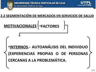 2.2 SEGMENTACIÓN DE MERCADOS EN SERVICIOS DE SALUD MOTIVACIONALES   FACTORES INTERNOS .- AUTOANÁLISIS DEL INDIVIDUO (EXPERIENCIAS PROPIAS O DE PERSONAS CERCANAS A LA PROBLEMÁTICA. 