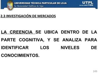 2.3 INVESTIGACIÓN DE MERCADOS LA CREENCIA  SE UBICA DENTRO DE LA PARTE COGNITIVA, Y SE ANALIZA PARA IDENTIFICAR LOS NIVELES DE CONOCIMIENTOS. 