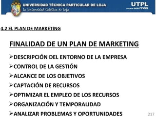 DESCRIPCIÓN DEL ENTORNO DE LA EMPRESA CONTROL DE LA GESTIÓN ALCANCE DE LOS OBJETIVOS CAPTACIÓN DE RECURSOS OPTIMIZAR EL EMPLEO DE LOS RECURSOS ORGANIZACIÓN Y TEMPORALIDAD ANALIZAR PROBLEMAS Y OPORTUNIDADES FINALIDAD DE UN PLAN DE MARKETING 4.2 EL PLAN DE MARKETING 