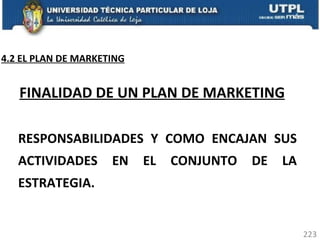RESPONSABILIDADES Y COMO ENCAJAN SUS ACTIVIDADES EN EL CONJUNTO DE LA ESTRATEGIA.  FINALIDAD DE UN PLAN DE MARKETING 4.2 EL PLAN DE MARKETING 