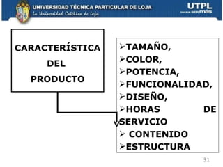 CARACTERÍSTICA  DEL  PRODUCTO TAMAÑO,  COLOR,  POTENCIA,  FUNCIONALIDAD,  DISEÑO,  HORAS DE SERVICIO CONTENIDO  ESTRUCTURA 