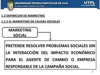 MARKETING SOCIAL PRETENDE RESOLVER PROBLEMAS SOCIALES SIN LA INTERACCIÓN DEL IMPACTO ECONÓMICO PARA EL AGENTE DE CAMBIO O EMPRESA RESPONSABLE DE LA CAMPAÑA SOCIAL. 1.2.2 EL MARKETING DE CAUSAS SOCIALES 1.2 DEFINICION DE MARKETING 
