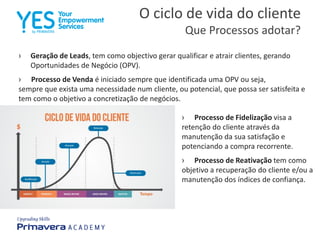 O ciclo de vida do cliente
Que Processos adotar?
› Processo de Fidelização visa a
retenção do cliente através da
manutenção da sua satisfação e
potenciando a compra recorrente.
› Processo de Reativação tem como
objetivo a recuperação do cliente e/ou a
manutenção dos índices de confiança.
› Geração de Leads, tem como objectivo gerar qualificar e atrair clientes, gerando
Oportunidades de Negócio (OPV).
› Processo de Venda é iniciado sempre que identificada uma OPV ou seja,
sempre que exista uma necessidade num cliente, ou potencial, que possa ser satisfeita e
tem como o objetivo a concretização de negócios.
 