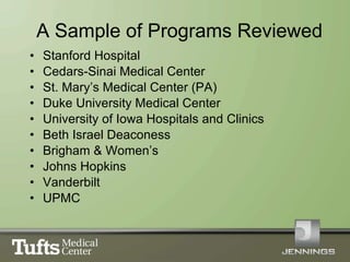 A Sample of Programs Reviewed <ul><li>Stanford Hospital </li></ul><ul><li>Cedars-Sinai Medical Center </li></ul><ul><li>St...