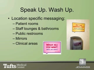Speak Up. Wash Up. <ul><li>Location specific messaging: </li></ul><ul><ul><li>Patient rooms </li></ul></ul><ul><ul><li>Sta...