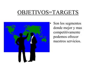 OBJETIVOS=TARGETS
        • Son los segmentos
          donde mejor y mas
          competitivamente
          podemos ofrecer
          nuestros servicios.
 
