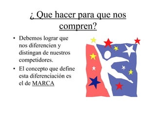 ¿ Que hacer para que nos
             compren?
• Debemos lograr que
  nos diferencien y
  distingan de nuestros
  competidores.
• El concepto que define
  esta diferenciación es
  el de MARCA
 