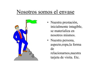 Nosotros somos el envase
            • Nuestra prestación,
              inicialmente intagible,
              se materializa en
              nosotros mismos.
            • Nuestra persona,
              aspecto,ropa,la forma
              de
              relacionarnos,nuestra
              tarjeta de visita. Etc.
 
